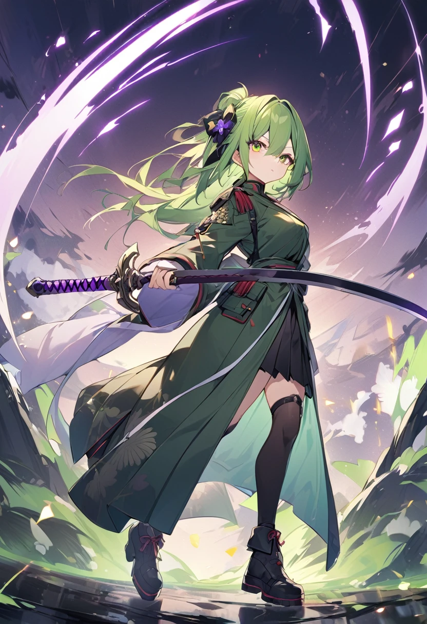 Keito。Yellow-green eyes。Yellow-green hair。Black shoes。Amethyst hair accessory。Purple Japanese sword。Imperial Japanese Army uniforms。1 person。woman