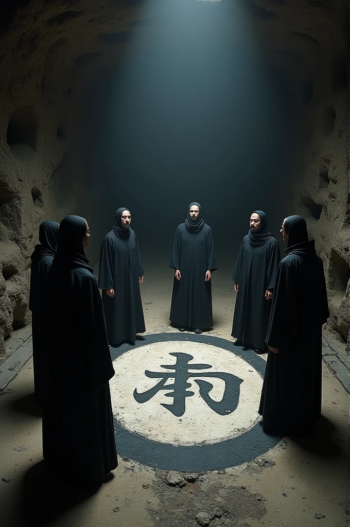 Six men wearing black robe, surrounding a large black magic jin painted on a dark underground floor