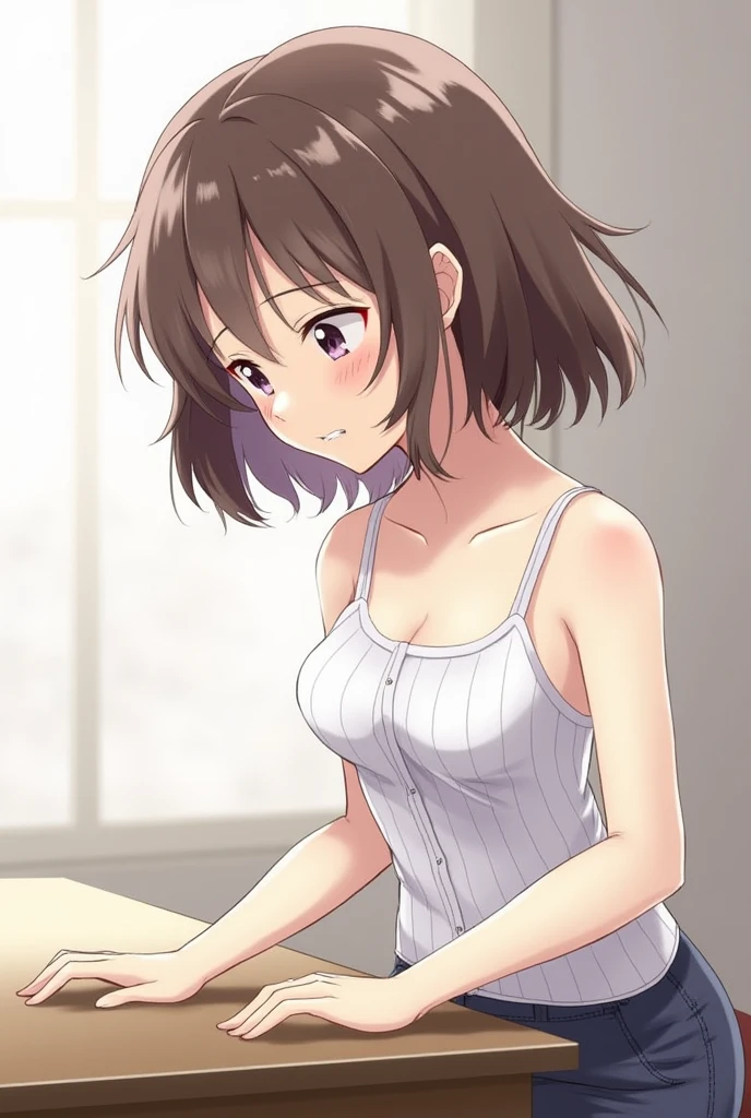 1girl,downblouse, munechira, desk,small bast, flat chest, wave hair, leaning forward,  looking down, open-chest camisole ,close up,  small breasts::, view from aside,