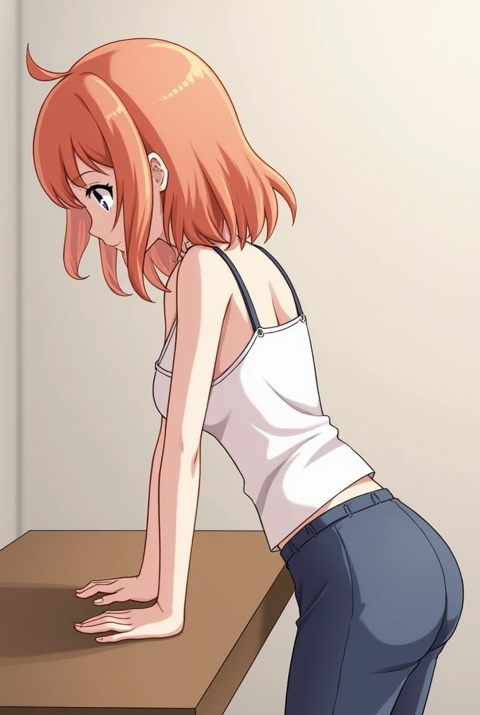 1girl,downblouse, munechira, desk,small bast, flat chest, wave hair, leaning forward, looking down, open-chest camisole ,close up, small breasts::, view from aside,
