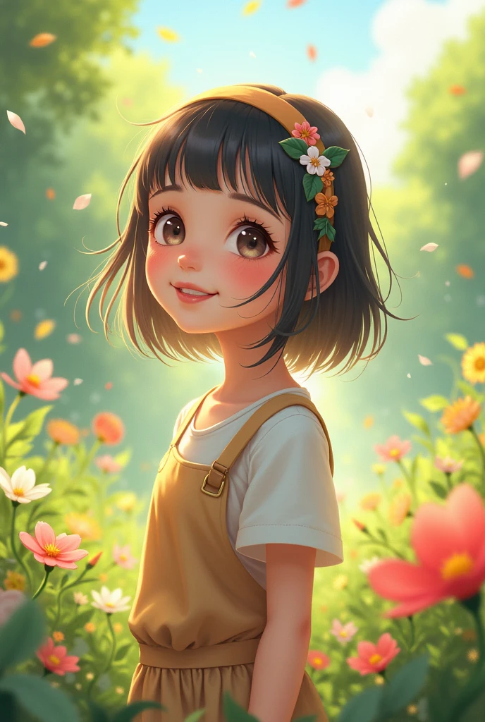 A girl with short hairs a cute hairband and a good outfit in park looking at flowers and feeling the wind