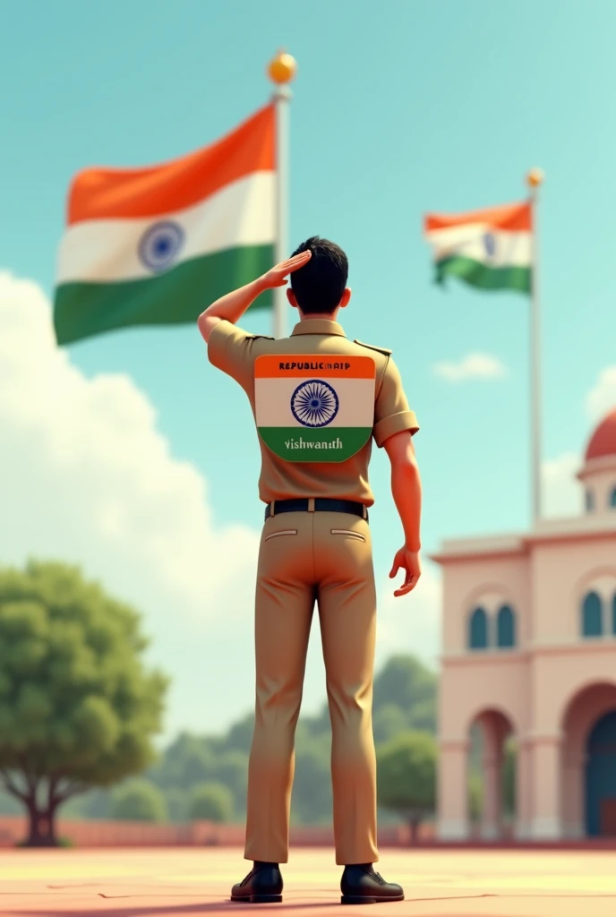 a 40 years old young man salutes the national flag of bharat and he is wearing a shirt and full paint with black shoe like employee print is like bharat flag and "VISHWANATH" and 11 number and republic day in small is written on it's back in big and bold fonts, 3d illustration