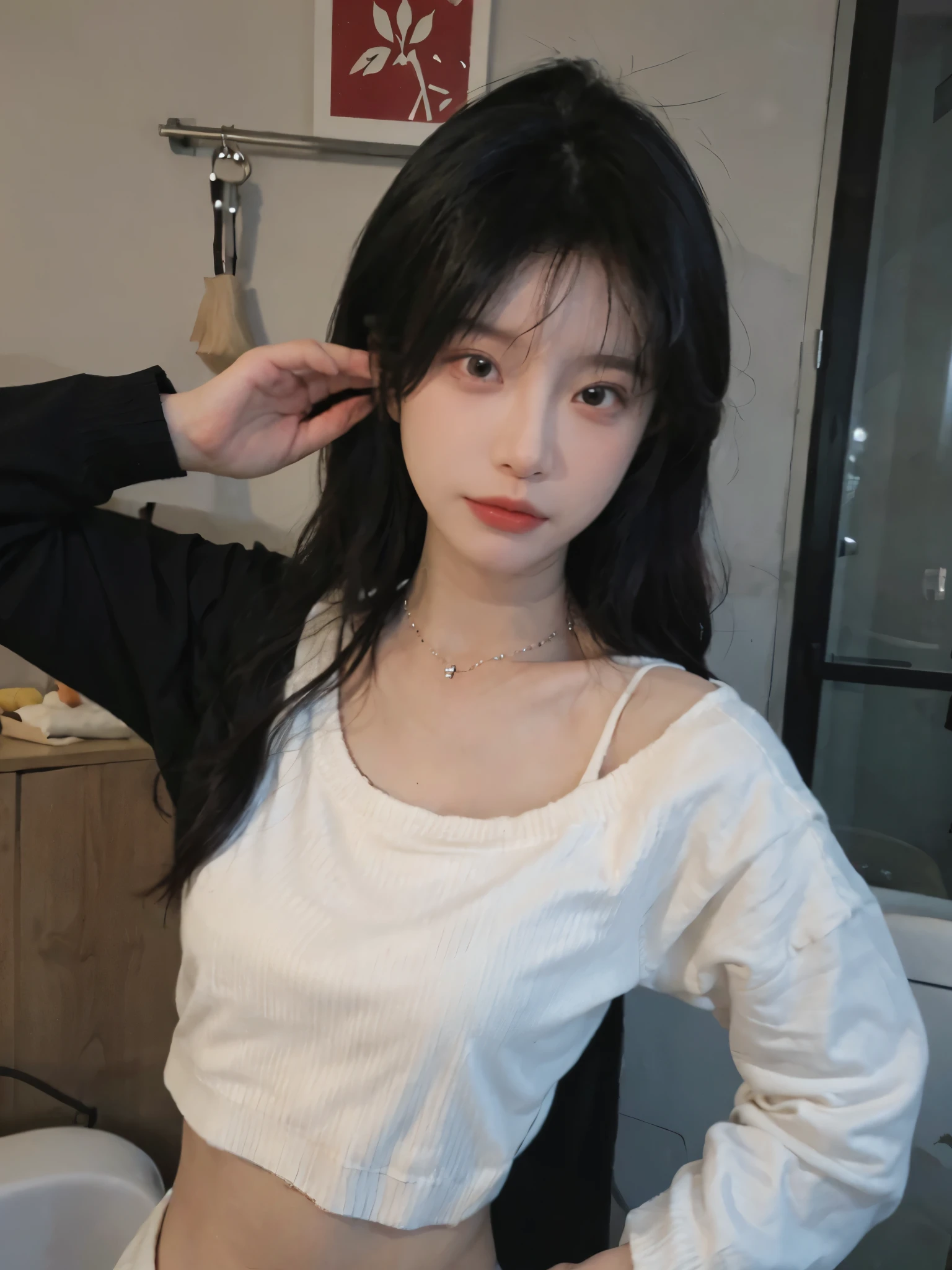 best qualtiy， Ultra-high resolution， （realisticlying：1.4），cute hairpin，1girll，Cropped black sweater ，head straight-looking at viewer，Full of atmosphere，Beautiful woman with a slim figure:1.4, abs:1.1, bathroom,Ultra-fine face，Elaborate Eyes，double eyelid，choker necklace