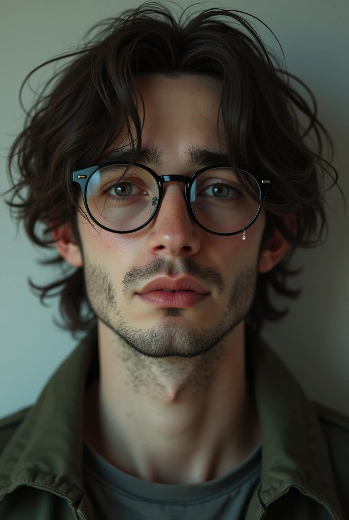 Man in his 30s、Teardrop、delicate、Glasses、Droopy eyes、Frivolous face、Brown shoulder-length hair
