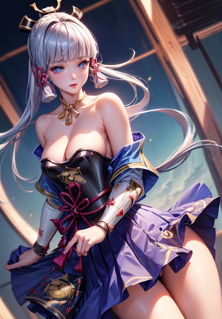 ((masterpiece)),(bestquality),((ultra-detailed)), ((beautiful detailed sky)), ((cinematic lighting)), depth of field, (dynamic angle),detailed lighting,((beautiful detailed eyes)), (night sky view), red lip, eyeshadow,large breast, cleavage, ((wearing tiny dress, off shoulders, bare hips)), ((kamisatoayakadef))