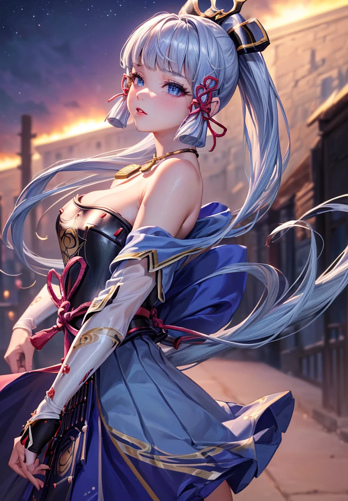 ((masterpiece)),(bestquality),((ultra-detailed)), ((beautiful detailed sky)), ((cinematic lighting)), depth of field, (dynamic angle),detailed lighting,((beautiful detailed eyes)), (night sky view), red lip, eyeshadow,large breast, cleavage, ((wearing tiny dress, off shoulders, bare hips)), ((kamisatoayakadef))