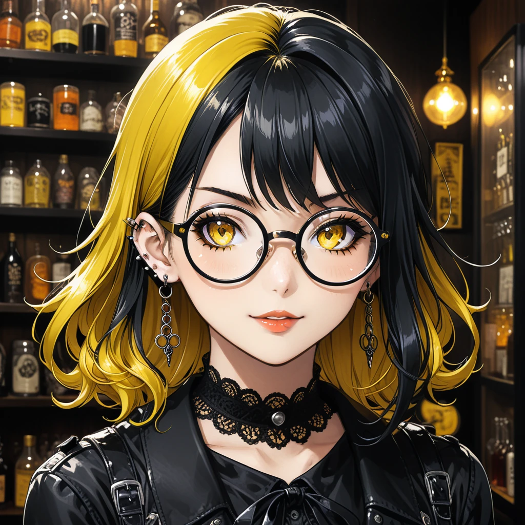 (in style of Takeshi Obata:0.9),(in style of Jillian Tamaki:0.9),
bar background,1 girl,gothic style,bonklers, close-up,(:d:1.4),(arm_around_waist:1.3), portrait, gothic girl with heavy makeup, (ear piercing:1.5), long with yellow and black highlights hair,wear glasses,black and yellow hair, ((((giant glasses, otaku glasses, round glasses))))