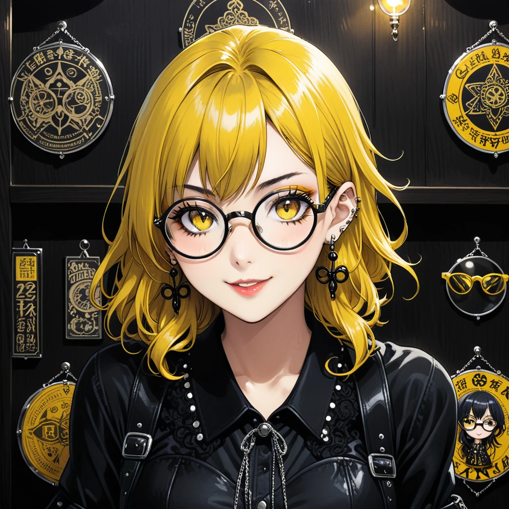 (in style of Takeshi Obata:0.9),(in style of Jillian Tamaki:0.9),
bar background,1 girl,gothic style,bonklers, close-up,(:d:1.4),(arm_around_waist:1.3), portrait, gothic girl with heavy makeup, (ear piercing:1.5), long with yellow and black highlights hair,wear glasses,black and yellow hair, ((((giant glasses, otaku glasses, round glasses))))