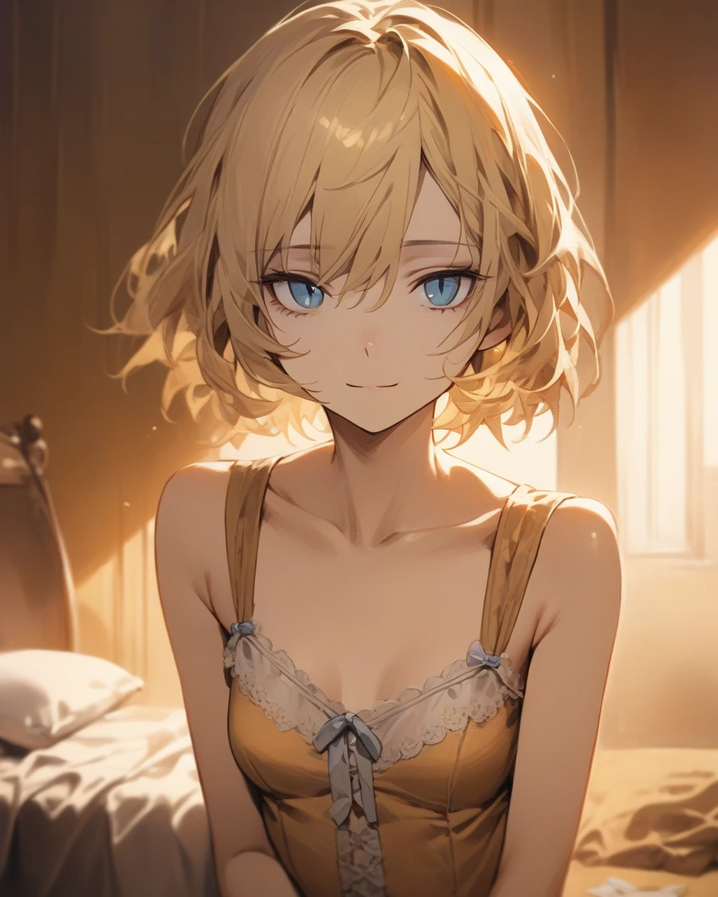 masterpiece,highest quality,1girl,blonde hair,short hair,(disheveled hair),blue eyes,sharp eyes,slanted eyes,slit pupils,medium breasts,prostitute,brothel,clear face,expressionless,[sad smile],