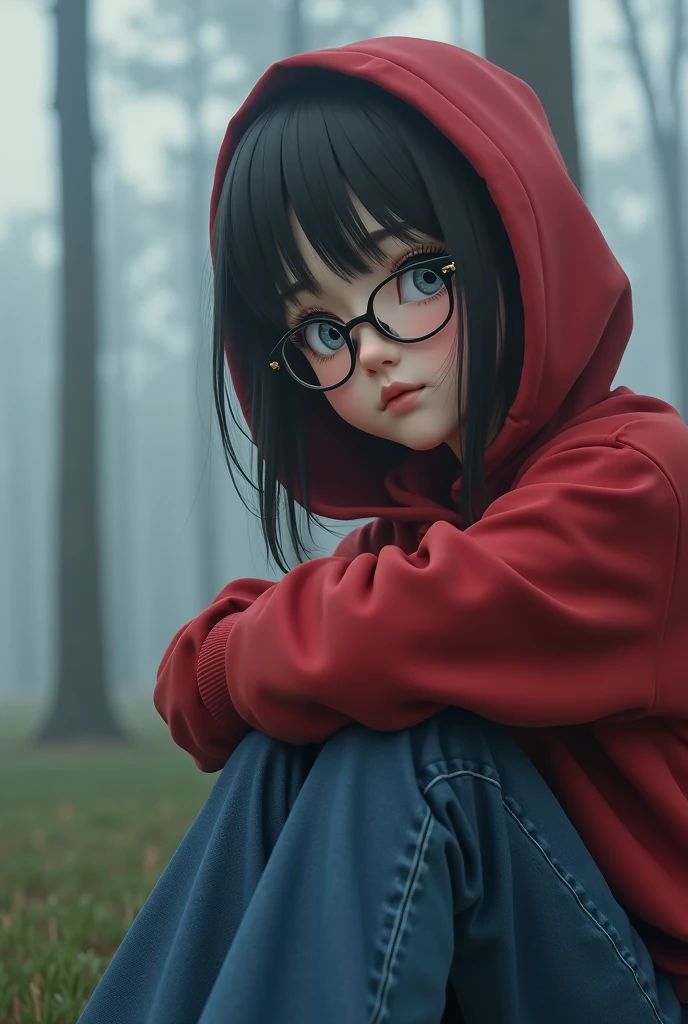 Photorealistic, (close up:1.3, exposed face), low angle, (seen from below), a japanese young woman with hood, (long sleeve (red sweater:1.2), oversized jeans), a hyperrealistic beautiful young girls with grayish blue eyes in glasses, natural sagging breast, high detailed official artwork, beautiful girls with slim fit body and busty posture, long legs, attractive young woman, (atractive poses:1.3, crossed arm hold the breast up), at bench in the (natural foggy forest:1.2), natural background, dubnitskiy david fanart, realistic portrait, smooth photorealistic, perfect visual of a cute girls, cute girls with skinice soft face, face focus, makoto shinkai and artgerm, photon mapping, natural light, warm color tones, vivid colors, cool ambient, foggy atmosphere, This high school girl sat on the grass of the school yard with Akkai straddling and uncovering her skirt so that her genitals were visible because she was not wearing pants AND YOU CAN SEE HER VAGINA