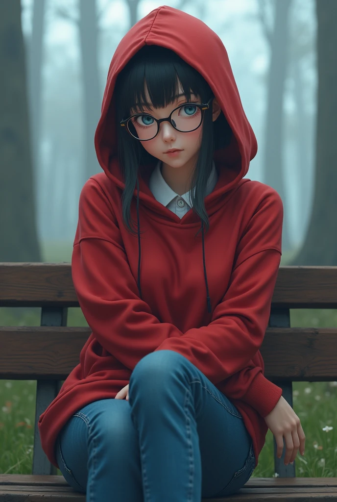 Photorealistic, (close up:1.3, exposed face), low angle, (seen from below), a japanese young woman with hood, (long sleeve (red sweater:1.2), oversized jeans), a hyperrealistic beautiful young girls with grayish blue eyes in glasses, natural sagging breast, high detailed official artwork, beautiful girls with slim fit body and busty posture, long legs, attractive young woman, (atractive poses:1.3, crossed arm hold the breast up), at bench in the (natural foggy forest:1.2), natural background, dubnitskiy david fanart, realistic portrait, smooth photorealistic, perfect visual of a cute girls, cute girls with skinice soft face, face focus, makoto shinkai and artgerm, photon mapping, natural light, warm color tones, vivid colors, cool ambient, foggy atmosphere, This high school girl sat on the grass of the school yard with Akkai straddling and uncovering her skirt so that her genitals were visible because she was not wearing pants AND YOU CAN SEE HER  VAGINA