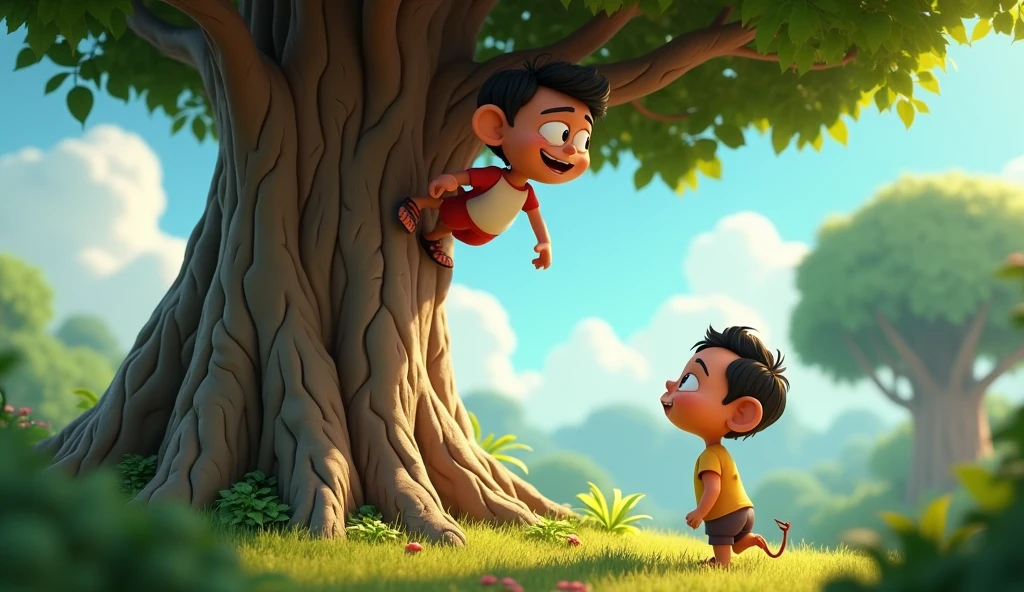 In cinematic 3D cartoon style. Second Image: Depict Bunty teasing Ganesh by climbing to the top of a tall tree. Bunty is looking down from the highest branch, laughing and challenging Ganesh, who is standing calmly below, looking up at him without any interest in competing.