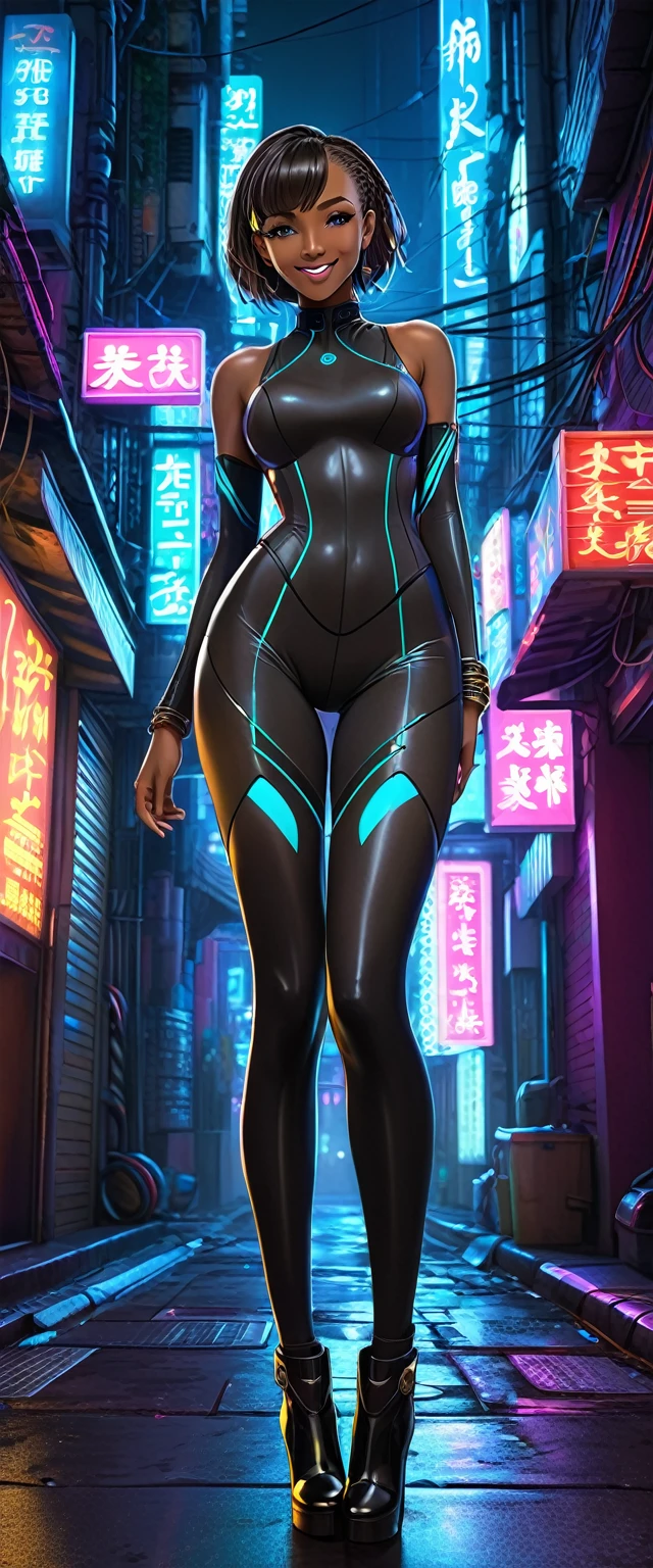 Japanimation style, High resolution, 4K, High Definition, high resolution, Perfect picture,Full Body, Cyberpunk Background, night, A mysterious city alleyway lit by neon lights, Two moons, 1 girl, The whole body is covered in tight tights, Modest breasts, Waistline, Big Hips, Long legs, Wearing a futuristic vest, A tight-fitting bodysuit with glowing lines, Very Short Hair, Side-swept bangs, Long hair braided on the right side only, ((dark skin)), Nipples protruding through a bodysuit, Bangles on thighs, Triumphant smile, Line paint on cheeks, 