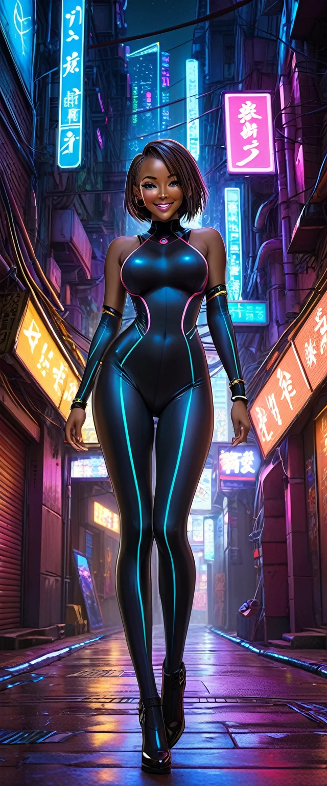 Japanimation style, High resolution, 4K, High Definition, high resolution, Perfect picture,Full Body, Cyberpunk Background, night, A mysterious city alleyway lit by neon lights, Two moons, 1 girl, The whole body is covered in tight tights, Modest breasts, Waistline, Big Hips, Long legs, Wearing a futuristic vest, A tight-fitting bodysuit with glowing lines, Very Short Hair, Side-swept bangs, Long hair braided on the right side only, ((dark skin)), Nipples protruding through a bodysuit, Bangles on thighs, Triumphant smile, Line paint on cheeks, 