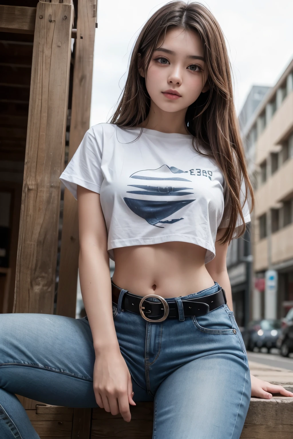 Beautiful 18 year old girl wearing a shirt and high waisted jeans with a belt showing her belly button in a shallow vertical format