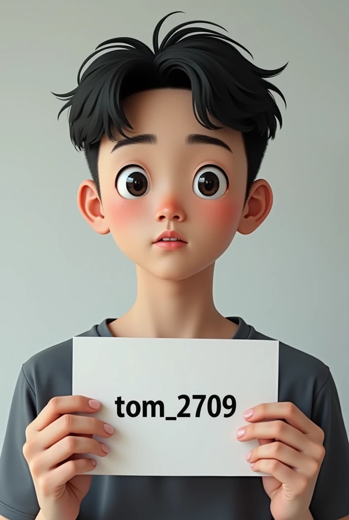 An Asian teenager boy holding a photo id with his full information in it a piece of paper that write tom_2709