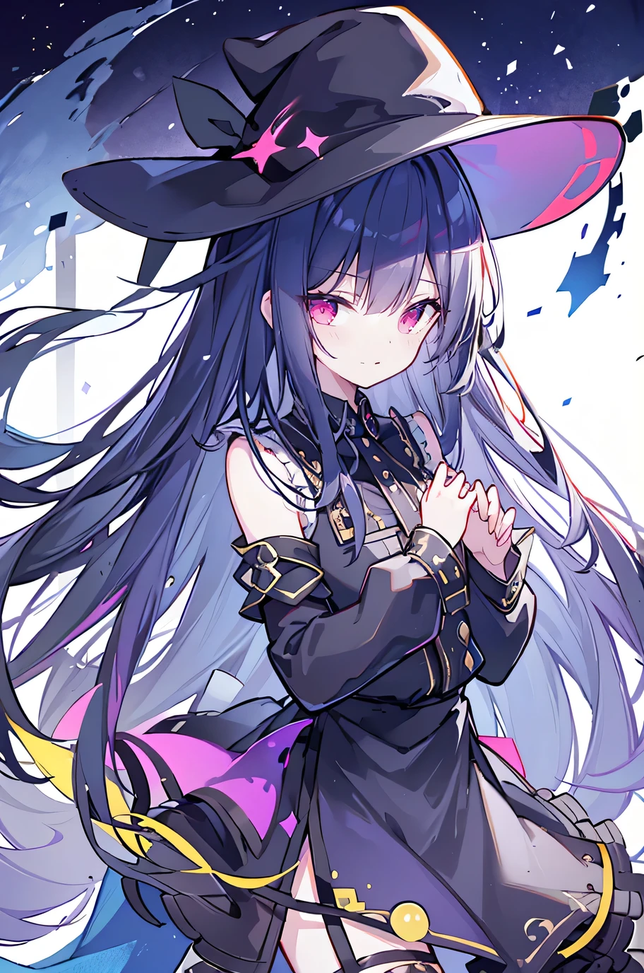 oung Girls,Humanity,A magician always smiles,big witch hat,cute,dark blue long hair,The eyes are dull,The bangs are heavy,Thin eyebrows,fantasy,intake,Double teeth,Star Theme,Constellation pattern,Solid color clothetal decoration,cloak,A bit of a dark atmosphere,A little crazy smile,When the big moon shines outside at night,blood,Hair black star embellishment,Short tie,No nails,High waist skirt,Bell sleeves,Long-sleeved shirt,Black tie,low risk,gentlemen。Mist、Yellow and white effect,Shocking pink as an accent color