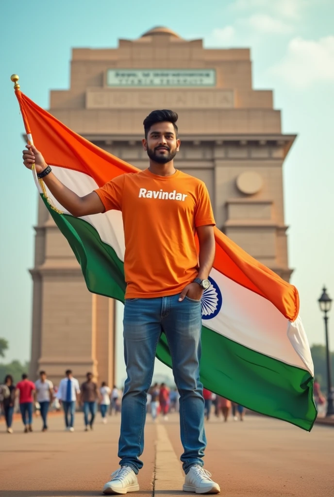 A real 32 years old boy, Wearing Orange T shirt blue jeans sneakers and the name "Ravindar" is written on his t-shirt and the boy is standing on the road with holding a national flag of India, and behind him is the India gate Delhi. And "Happy Independence Day 2024" written at above sky Create Realistic image high quality.