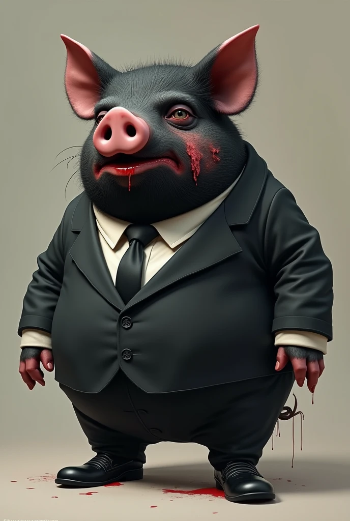 Fat black pig in formal clothes crying with one eye hit and bleeding from the mouth