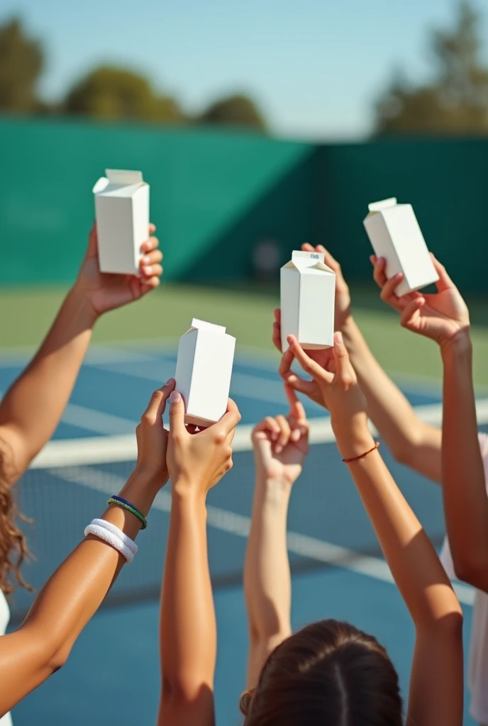 Tennis court background,Several people hold small boxes of milk and raise their glasses,Photography