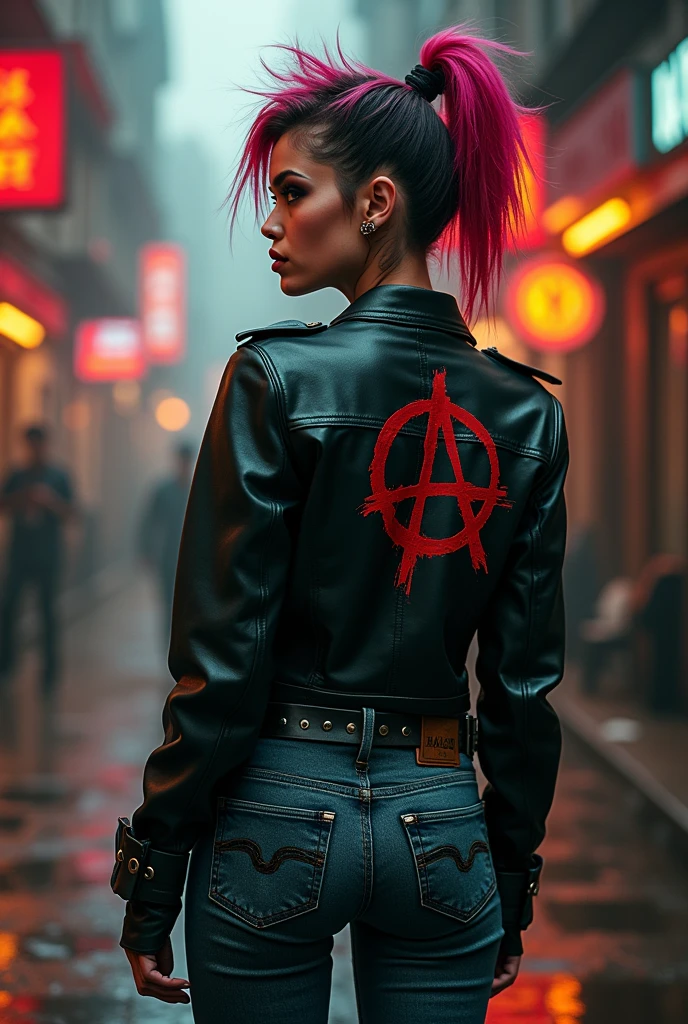 Realistic, full body shot, back view, beutiful punk woman, colorful punksyle hairstyle, look at viewer, strong makeup, Black leather jacket with big anarchy symbol on back, tight and torn jeans, military shoes, Immersive background, HDR, bokeh, film grain