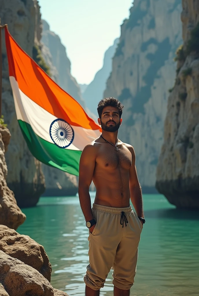 A beautiful picture of Name HEMANT at stone with Tiranga on island