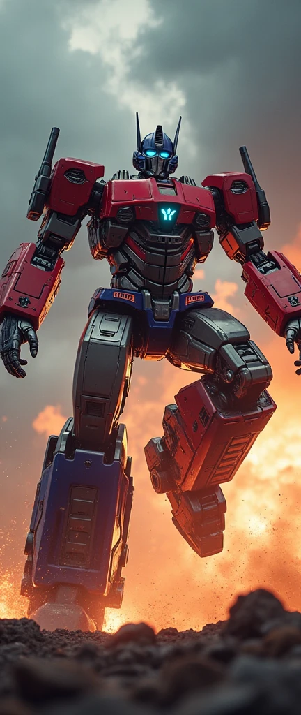 Giant robot. muscle robot. Full armour hulk buster. . iron man. Superman. Ultraman Red white armor. Mediva concept. Samurai Optimus Prime, robot warrior, leaping against dark cloudy sky, intense battle background, dynamic explosion effects, cinematic lighting, highly detailed, 8K, (best quality,4k,8k,highres,masterpiece:1.2),ultra-detailed,(realistic,photorealistic,photo-realistic:1.37),epic action scene,dramatic pose,intricate mechanical design,glowing energy,sparks,dust,devastation,cinematic angle,dramatic lighting