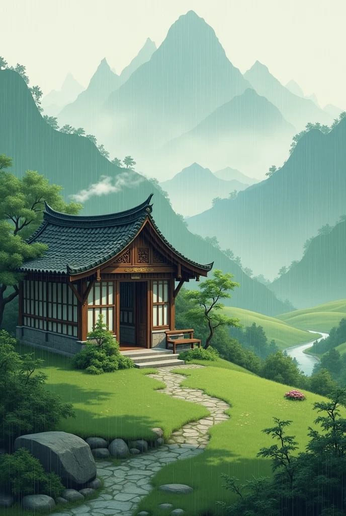 Rain falls on the cottage in the style of traditional Chinese landscape 