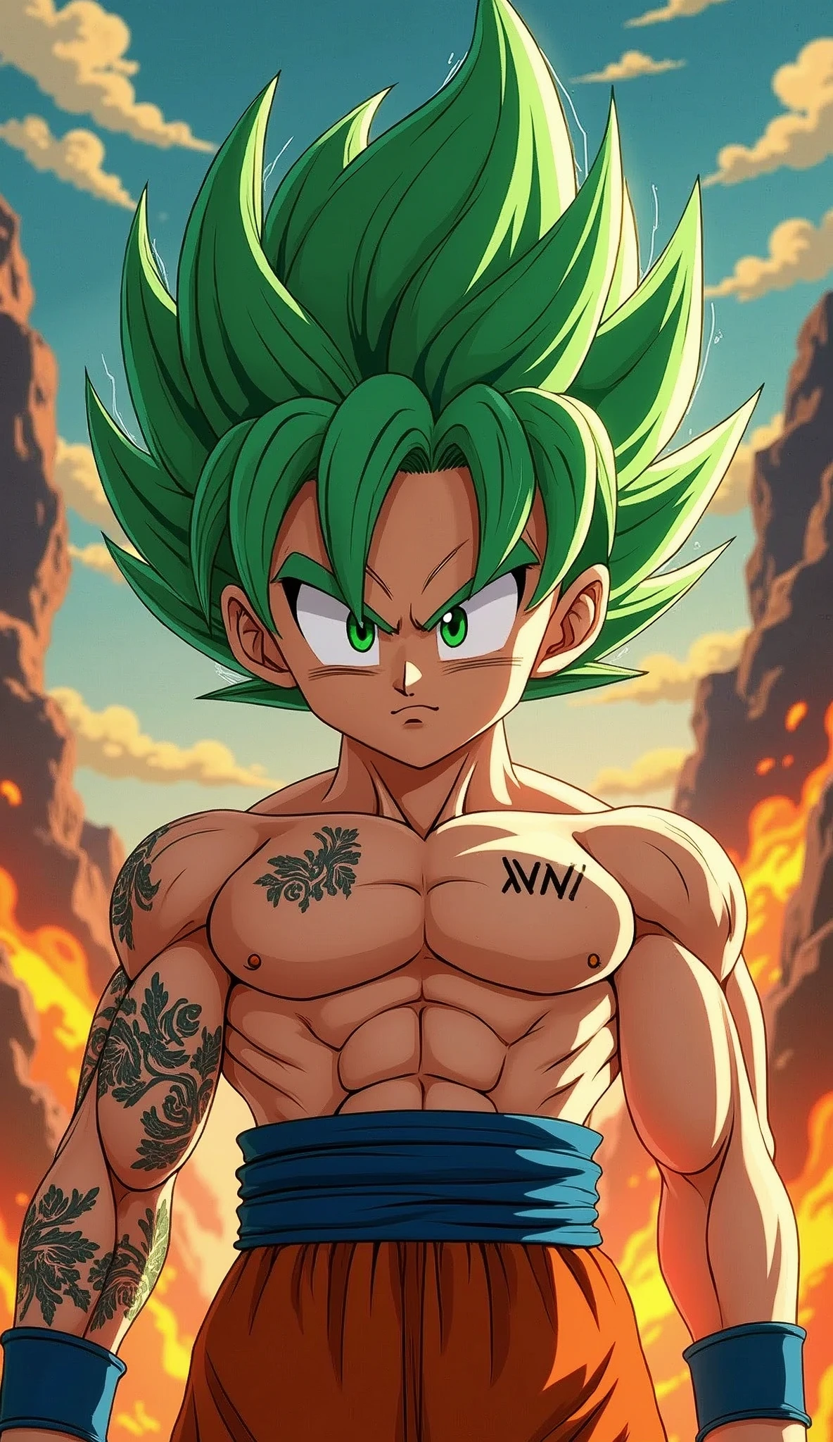 "Ready for a visual feast, Goten has a handsome face and captivating eyes, bright green hair and tattoos, harmonious paintings and beautiful scenes, along with a perfect figure. In his transformed state, he exudes incredibly strong power, creating a legendary animated film about this energetic man. The flames and dark rocks in this spectacular animated work will leave you amazed. This artistic concept comes from the universe, and the comic-style 8k background will take you to a different space. Get ready to enjoy this digital animated artwork, showcasing exceptional creativity of style and power."