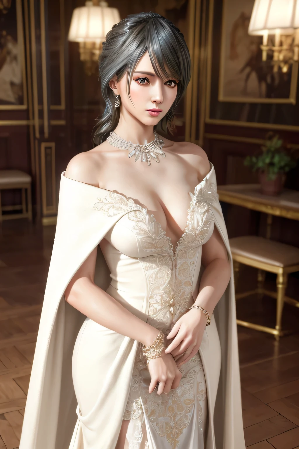 A lady with extraordinary temperament, she stands in a modern indoor space, as if she is a model from a fashion magazine. She is wearing a (pure white long fur cape), the softness and luster of which makes her look more noble under the light, and complements her (beige dress) underneath, showing her gentle temperament while maintaining a sense of fashion. The style of the dress is simple and generous, a perfect match, and it lengthens her figure, making her tall and charming. The lady's makeup is delicate and elegant, which just highlights her facial features and makes people unforgettable at first sight. Although the earrings and necklace she wears are not ostentatious, they add a bit of sophistication and nobility to her overall look. Her hair is casually draped over her shoulders, and every strand of hair exudes a natural luster,, (best quality,8k,highres,masterpiece:1.2),ultra-detailed,(realistic,photorealistic,photo-realistic:1.37),studio lighting,ultra-fine painting,sharp focus,physically-based rendering,extreme detail description,professional,vivid colors