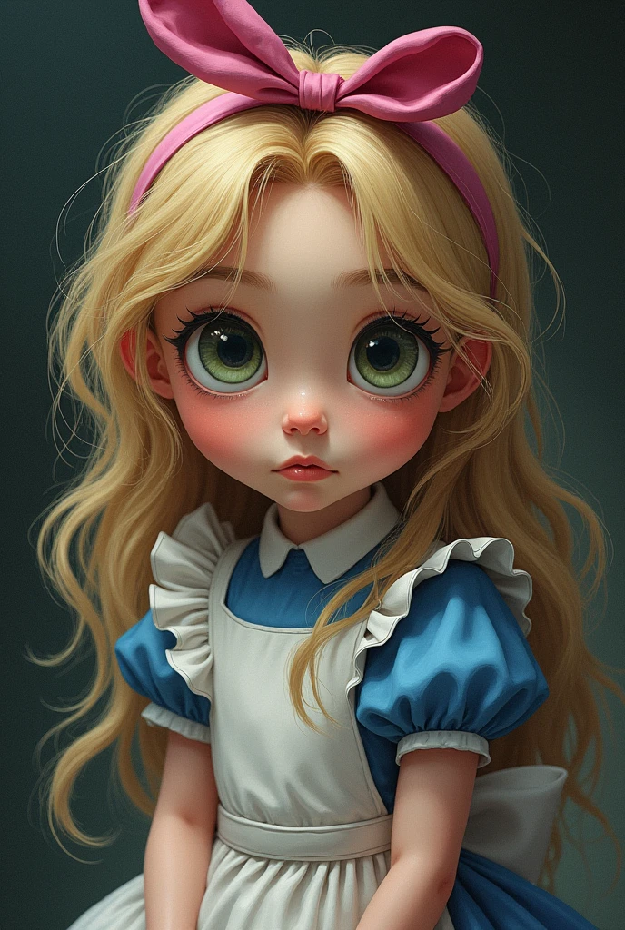 Draw a full-body portrait of Alice and all the characters in Alice in Wonderland to capture a moment of deep contemplation. Her expression should be a mixture of curiosity and a hint of unease, as if she is deeply questioning reality and her place in it. Her large eyes should be wide open, reflecting the surreal world around her. A smiling Cheshire cat, a clock, a playing card guard, inside the kingdom of Wonderland, etc. The lighting should be soft yet dramatic, casting gentle shadows that emphasise the depth of her thoughts. Her hair is slightly dishevelled, as if she has been on a long journey, and the iconic pink headband is slightly slanted, adding to the sense that she is pensive. The colour palette is a mix of soft pastels and dark, introspective tones, creating a balance between innocence and the complexity of her thoughts.