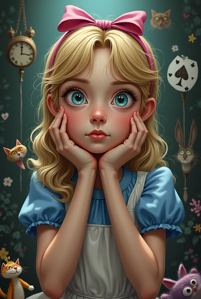 Draw a full-body portrait of Alice and all the characters in Alice in Wonderland to capture a moment of deep contemplation. Her expression should be a mixture of curiosity and a hint of unease, as if she is deeply questioning reality and her place in it. Her large eyes should be wide open, reflecting the surreal world around her. A smiling Cheshire cat, a clock, a playing card guard, inside the kingdom of Wonderland, etc. The lighting should be soft yet dramatic, casting gentle shadows that emphasise the depth of her thoughts. Her hair is slightly dishevelled, as if she has been on a long journey, and the iconic pink headband is slightly slanted, adding to the sense that she is pensive. The colour palette is a mix of soft pastels and dark, introspective tones, creating a balance between innocence and the complexity of her thoughts.