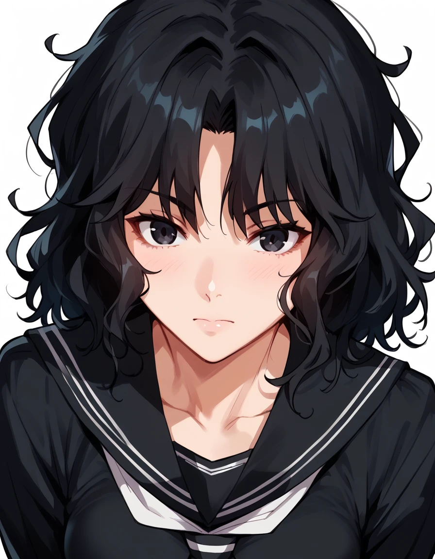 score_9, score_8_up, score_7_up, unaestheticXLv31, masterpiece, ultra-detailed, nsfw, Shiny skin, pretty eyes, BREAK, Black serafuku, long Sleeves, tanding,, kaoru tanamachi, black eyes, black hair, messy hair, white background