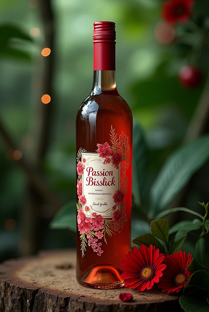 Create a label for a passion fruit wine that says Passion Bisslick by Miranda Bisslick as the title, that looks delicate, sexy and fine and with the chinola fruit in the rainforest