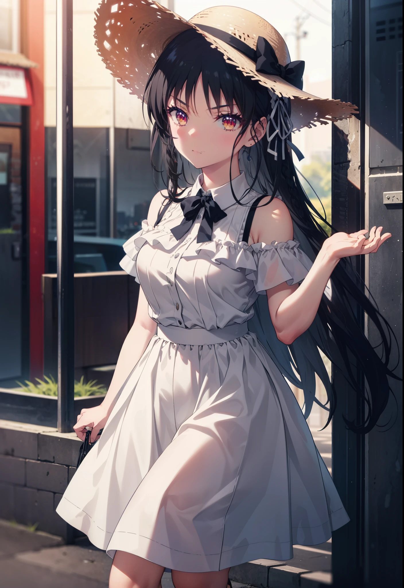 Suzune Horikita, suzune horikita, Long Hair, Black Hair, (Red eyes:1.3), Hair Ribbon, Braiding,Straw hat,Cold Shoulder Shirt,Short sleeve,Long skirt,Cute heeled sandals,Walking,whole bodyがイラストに入るように,
break outdoors, Building district,
break looking at viewer, whole body,
break (masterpiece:1.2), Highest quality, High resolution, unity 8k wallpaper, (figure:0.8), (Beautiful attention to detail:1.6), Highly detailed face, Perfect lighting, Highly detailed CG, (Perfect hands, Perfect Anatomy),