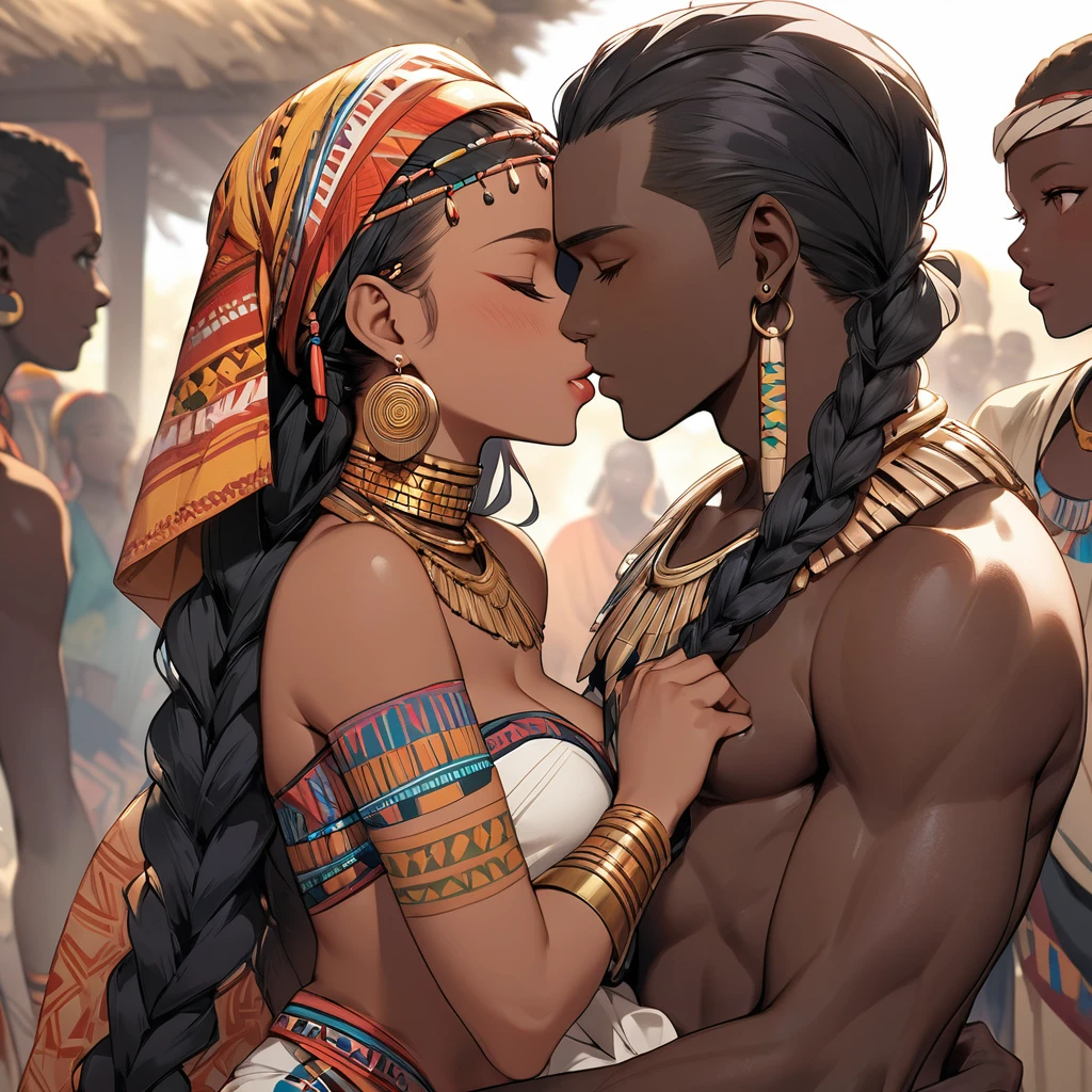 ((Highest quality)), ((masterpiece)), (detailed), (Perfect Face)、The woman is wearing the tribe's bridal attire, embracing the tribal man tightly, sharing a deep kiss, expressing their love for each other, and celebrating their wedding.、The woman has bright black skin、(Ghana braids with strong curly hair slicked back)、Black, dark skinned, African native tribal woman、The amount of hair is small、Black Hair、Very short curly hair、Ghana braid hair, finely and delicately braided into Ghana braids and slicked back、Her hair is braided and thin, and she wears a tribal headdress and a tribal headscarf.、African black woman beautifully dressed in tribal clothing, tribal earrings and tribal accessories, wearing tribal makeup、A beautiful tribal woman with tattoos all over her body、Women in tribal village night rituals、The woman's hair is dyed black by the other women in the village and styled like an African woman's.
