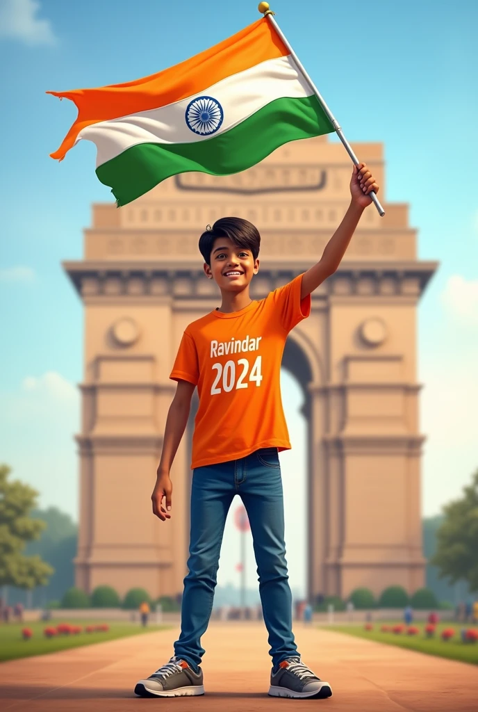 A real 32 years old boy, Wearing Orange T shirt blue jeans sneakers and the name "Ravindar" is written on his t-shirt and the boy is standing on the road with holding a national flag of India, and behind him is the India gate Delhi. And "Happy Independence Day 2024" written at above sky Create Realistic image high quality.