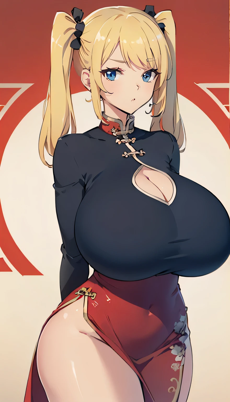 SFW, (Chinese red dress, keyhole cleavage), (gigantic breasts, huge breasts, Big breast), arms behind back, firm breasts, slim waist, curvy figure, (blonde_hair, blue_eyes), pigtails