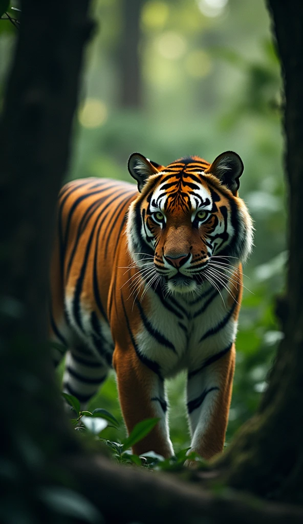 A tiger, blending seamlessly with the jungle environment, modern day, in a dense, shadowy jungle, hidden among the trees, its stripes camouflaging it against the filtered light and shadows, medium shot, hyper-realistic, photo realism, cinematography --ar 9:16.
