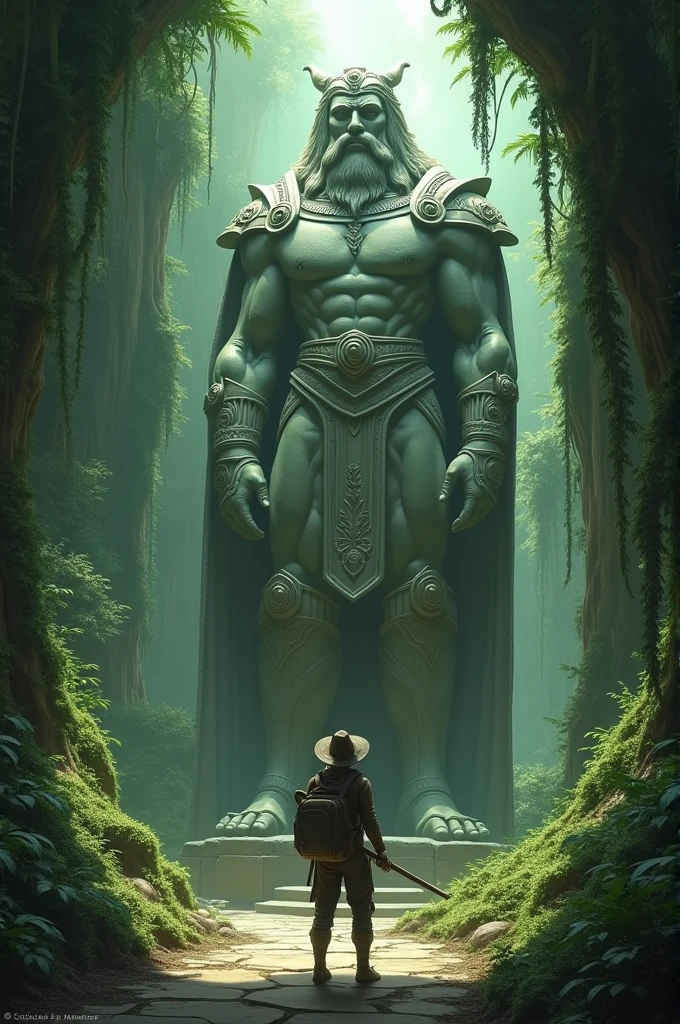 A grand, ancient statue stands at the entrance of a hidden temple deep within a jungle. The statue, depicting a mythical guardian with elaborate armor and an imposing, serene expression, is covered in moss and vines, with intricate carvings visible on its surface. Soft, green light filters through the dense canopy above, highlighting the statue’s details and casting long shadows across the stone floor. The explorer approaches the statue, gazing up in awe, with a sense of reverence and curiosity. The scene evokes a feeling of ancient power and forgotten history, setting the stage for the mysteries that lie ahead.