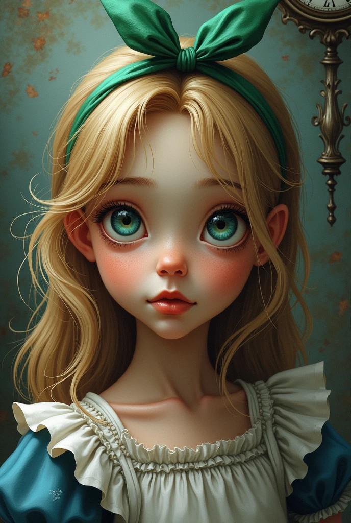 Draw a full-body portrait of Alice and all the characters in Alice in Wonderland to capture a moment of deep contemplation. Her expression should be a mixture of curiosity and a hint of unease, as if she is deeply questioning reality and her place in it. Her large eyes should be wide open, reflecting the surreal world around her. A smiling Cheshire cat, a clock, a playing card guard, inside the kingdom of Wonderland, etc. The lighting should be soft yet dramatic, casting gentle shadows that emphasise the depth of her thoughts. Her hair is slightly dishevelled, as if she has been on a long journey, and the iconic green headband is slightly slanted, adding to the sense that she is pensive. The colour palette is a mix of soft pastels and dark, introspective tones, creating a balance between innocence and the complexity of her thoughts.