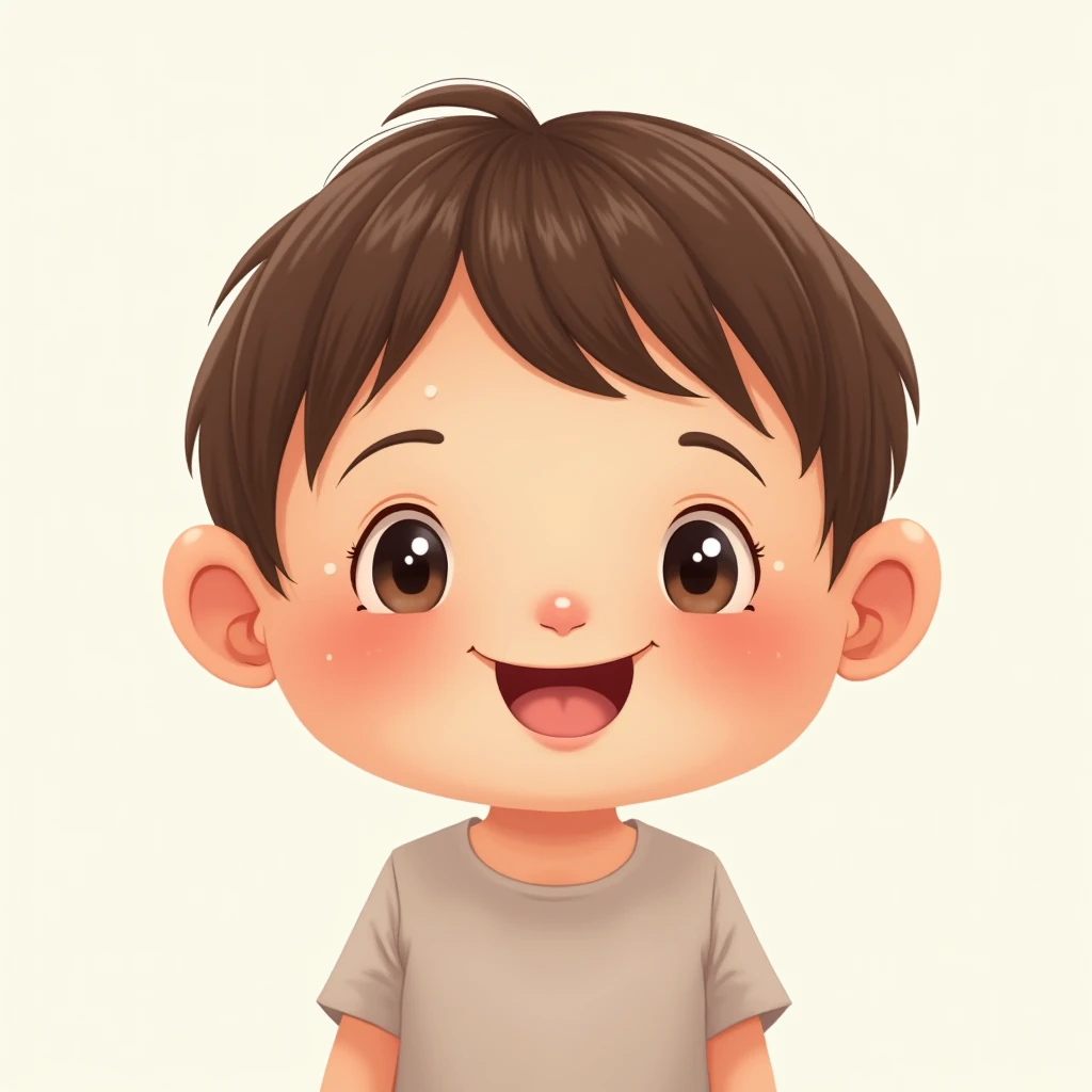 "A realistic illustration of a chubby, cute little girl aged between 5 to 8 years old. She has a round face, large round eyes, and a big head. Her hair is short and brown. She should be portrayed with a joyful, innocent expression that emphasizes her youthful energy and sweetness. The overall appearance should highlight her chubby, adorable figure, with a focus on her facial features that radiate happiness and warmth."