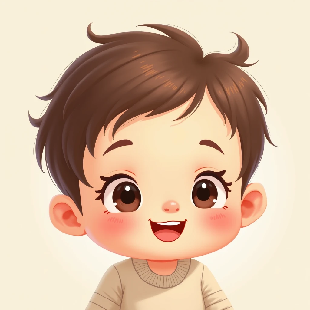 "A realistic illustration of a chubby, cute little girl aged between 5 to 8 years old. She has a round face, large round eyes, and a big head. Her hair is short and brown. She should be portrayed with a joyful, innocent expression that emphasizes her youthful energy and sweetness. The overall appearance should highlight her chubby, adorable figure, with a focus on her facial features that radiate happiness and warmth."