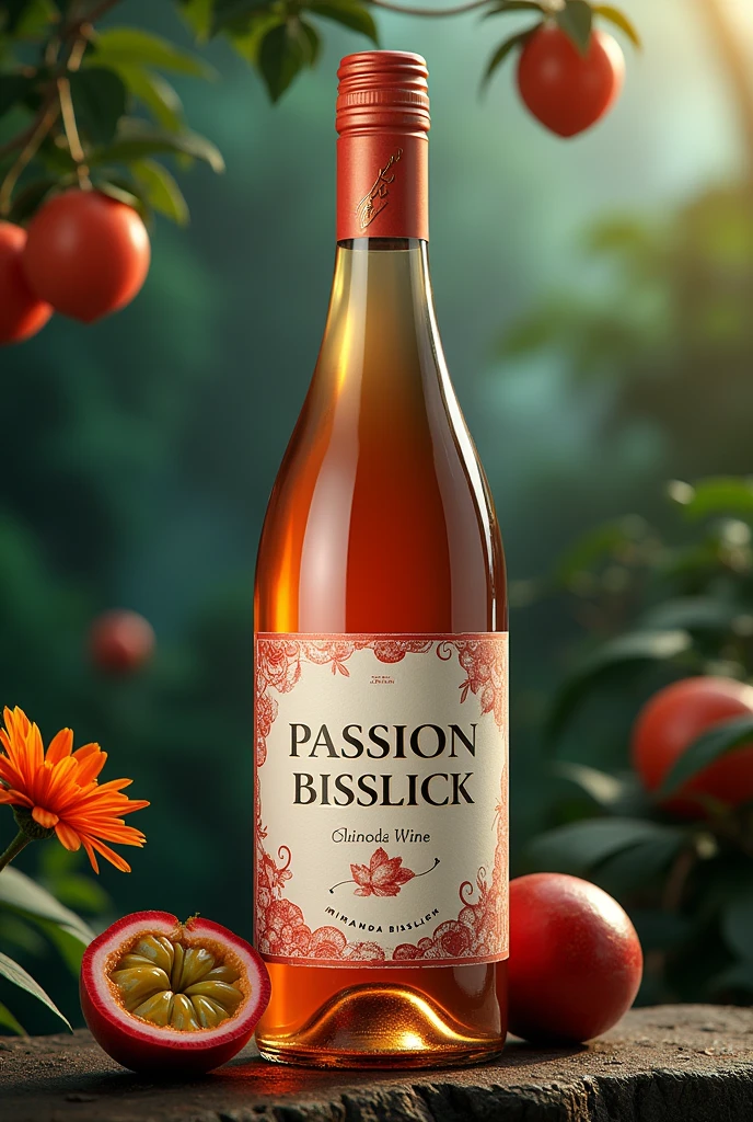 Make a label for a passion fruit wine that says Passion Bisslick by Miranda Bisslick as the title, that looks delicate, sexy and fine and with the chinola fruit in the rainforest