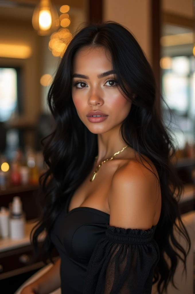 A slim brunette girl with thick lips and thick eyebrows, long black hair in her beauty salon