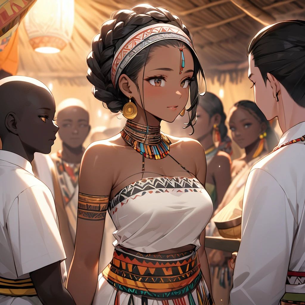 ((Highest quality)), ((masterpiece)), (detailed), (Perfect Face)、The woman is wearing a tribal wedding dress and is holding a man from the tribe close to him during the wedding ceremony.、The woman has bright black skin、(Ghana braids with strong curly hair slicked back)、Black, dark skinned, African native tribal woman、The amount of hair is small、Black Hair、Very short curly hair、Ghana braid hair, finely and delicately braided into Ghana braids and slicked back、Her hair is braided and thin, and she wears a tribal headdress and a tribal headscarf.、African black woman beautifully dressed in tribal clothing, tribal earrings and tribal accessories, wearing tribal makeup、A beautiful tribal woman with tattoos all over her body、Women in tribal village night rituals、The woman's hair is dyed black by the other women in the village and styled like an African woman's.