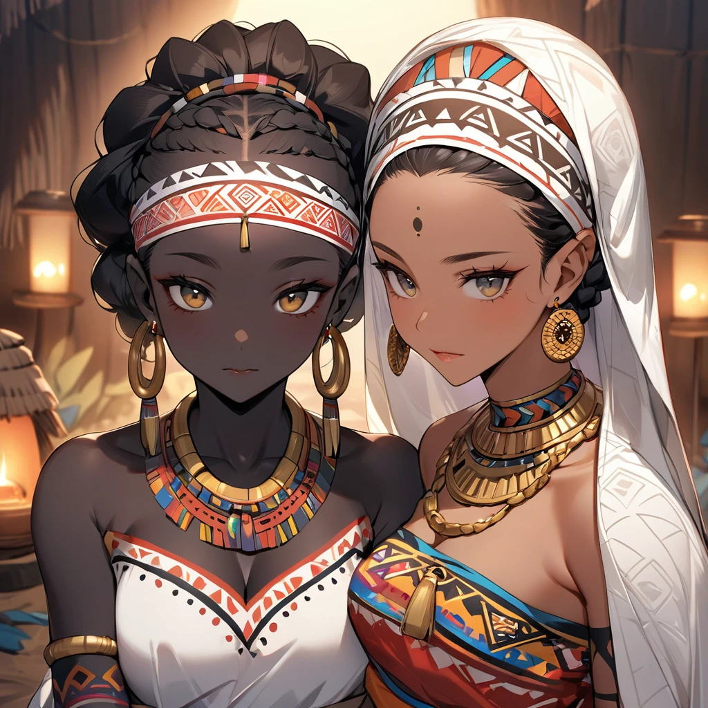 ((Highest quality)), ((masterpiece)), (detailed), (Perfect Face)、The woman is wearing a tribal wedding dress and is holding a man from the tribe close to him during the wedding ceremony.、The woman has bright black skin、(Ghana braids with strong curly hair slicked back)、Black, dark skinned, African native tribal woman、The amount of hair is small、Black Hair、Very short curly hair、Ghana braid hair, finely and delicately braided into Ghana braids and slicked back、Her hair is braided and thin, and she wears a tribal headdress and a tribal headscarf.、African black woman beautifully dressed in tribal clothing, tribal earrings and tribal accessories, wearing tribal makeup、A beautiful tribal woman with tattoos all over her body、Women in tribal village night rituals、The woman's hair is dyed black by the other women in the village and styled like an African woman's.