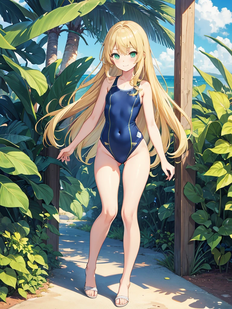 masterpiece, best quality, extremely detailed, anime, 1girl solo girl, longhair, blonde, green eyes, dark blue school swimsuit, one-piece swimsuit, white piping, navel, slender, small breast, slightly slimmer thighs, beautiful detailed face and eyes, fearless, smile, standing figure, full body, no background