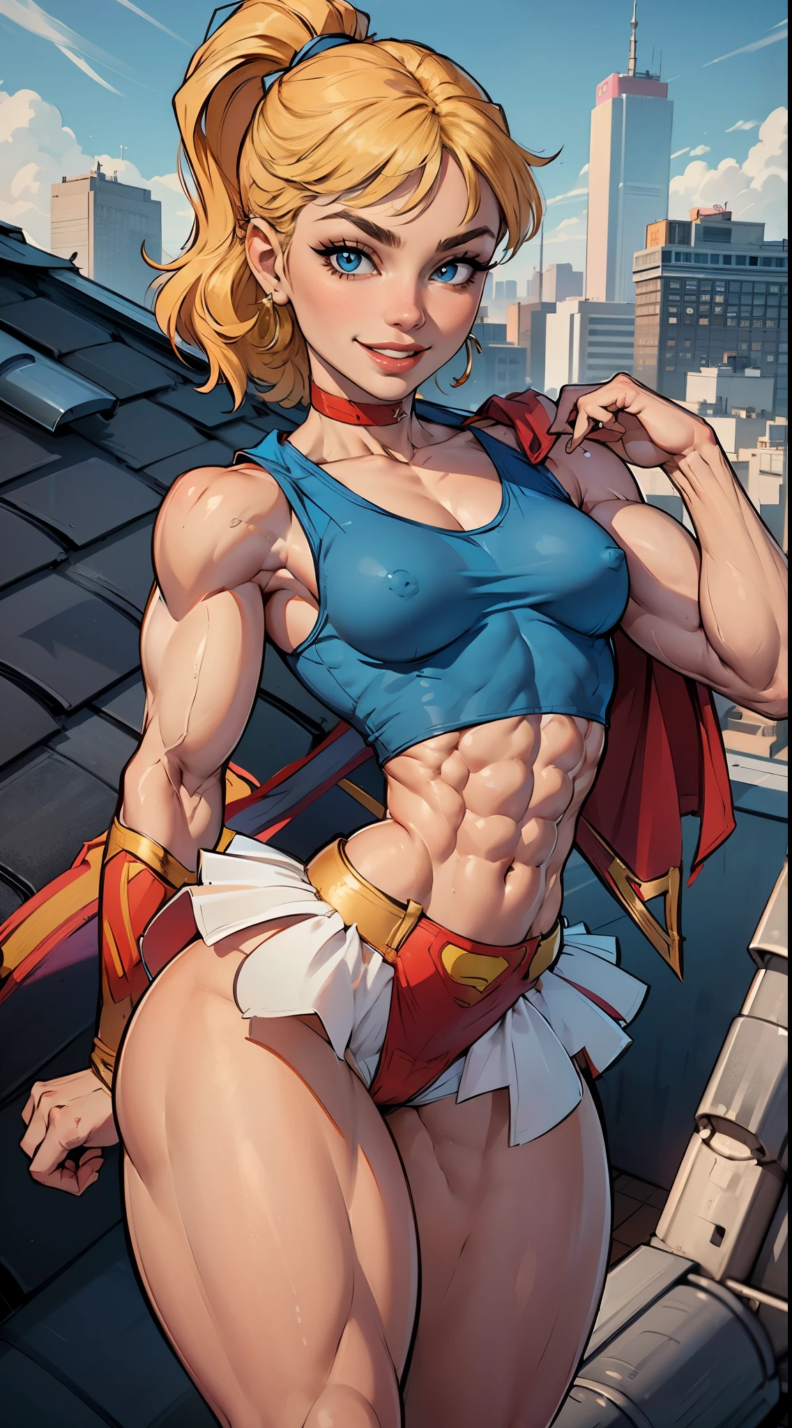 (Muscular:1.9), (thick thighs:1.8),
(blonde female), (supergirl:1.5), (big smile:1.7), (blunt bangs), (ponytail:0.8),
earrings, lipstick, eyeshadow,
hard nipples, (small breasts:2),
(blue sleeveless tanktop, midriff, tutu:1.9), (small cape:1.3), (choker:1.2), (active pose:1.5),
looking at viewer, three quarter view, (upper body view),
(rooftop, skyline background:1.3), rim lighting, two tone lighting, dim lighting, bokeh, detailed skin, detailed eyes