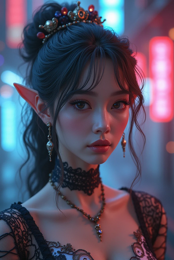 photorealistic Realism 32K quality, Fantasy, Artistic, A delicate fairy with mature features, puffy lips, ((ultra absurd quality extremely detailed detail ultra resolution, clear sharp focus, not blurry, (Realistic eyes))),absurd(ultra detailed eyes), (close up of a woman's eye with a digital rendering), (((The most beautiful woman in a perfectly tailored outfit in a given situation))), dress a beautiful girl with a perfect figure in something nice, made of available materials ((silk, (canvas, nylon), ((latex laced), ((lacy))), (((jewelry))), bracelets, pendants, earrings, everyday items)),(((I encourage you to choose the right background for your phenomenally drawn creation)), (Use any technique, any style, any outfit, even choose ((eye color, hair color, even hairstyle, makeup, whatever and how to do it))), ((experiment, combine complex, multi-layered materialperiment with Armor and delicate materialperiment with the entire palette of colors and shadows)), (masterpiece:1.3), (photorealistic:1.37), (Realistic:1.5), (ultra detailed:1.3), (The ultra -The high-definition), depth of field, (best quality), Attention to detail, Double eyelids, full bodyesbian, and if you want, you are standing, ((back shot)), (lacy), (laced), ((Glamour, paparazzi taking pictures of her)), medium Contrast, muted colors, long leg, ass, ((layer cut: 1.62)), ((Brightly colored clothing)), ((Lively,Active,vivaciousness)), ((no_Panties)), ((Exposing thighs)), (Erotic:1.6), ((black silken skirt, (tinyskirt:1.28), no_panties, curvy)), ((short skirt wrapped at the hips))), (Look sideways, look up, look down, random expressions), (rich including decorative embroidery:1.29), ((very intricate design of epic bodysuits:1.45)), (red-(white)-black epic lacy:1.38), (sharp focus), ((city night), (neon sign), (night), ((wind in your hair)), ((fantasy style)), (gold lacd:1.25), (((turn back:1.3))), ((back shot:1.25)),